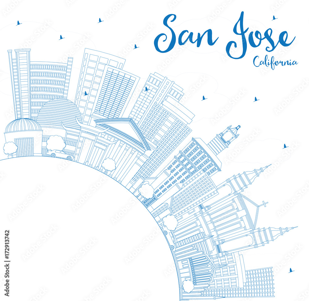 Outline San Jose California Skyline with Blue Buildings and Copy Space.
