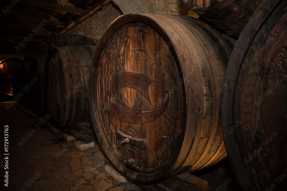 Wooden Wine Barrels at winery in Greece, Patras