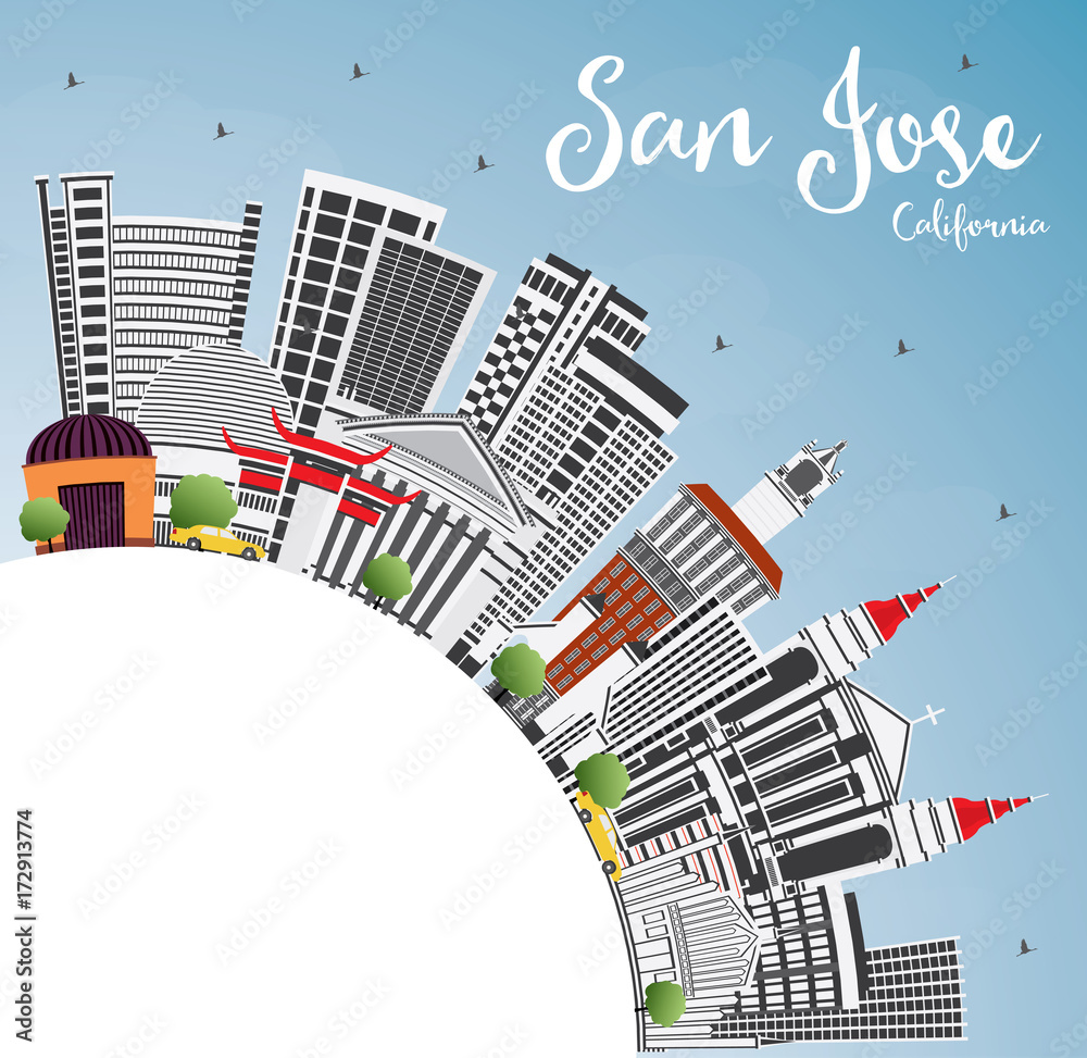 San Jose California Skyline with Gray Buildings, Blue Sky and Copy Space.
