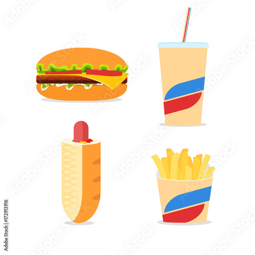 Fast food icons set with simple flat colored hamburger, soda, hot dog and crunchy french fries photo