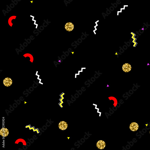 Memphis style seamless pattern with golden glitter circles and shapes