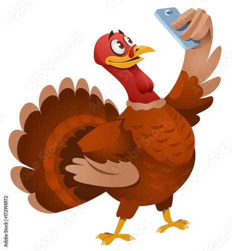 Turkey making selfie. Thanksgiving Day. Cartoon styled vector illustration. Elements is grouped. No transparent objects. Isolated on white.