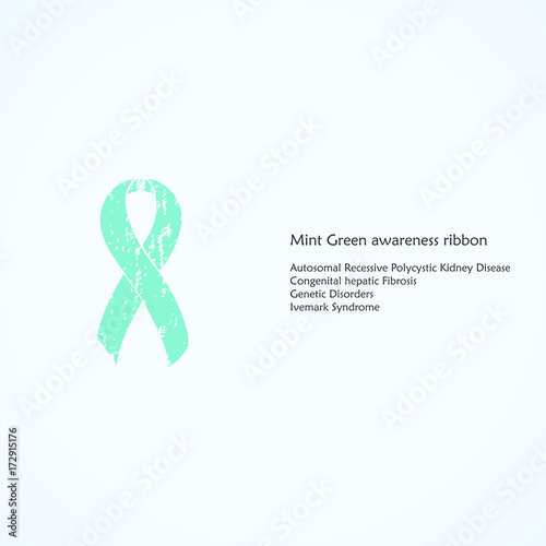 Mint Green Awareness ribbon. Painted. Autosomal Recessive Polycystic Kidney Disease, Congenital hepatic Fibrosis, Genetic Disorders, Ivemark Syndrome. Isolated. List of meanings, symbol, name of color
