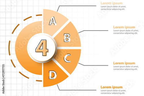 Four topics of Orange half pie chart with 3d paper circle in center for website presentation cover poster vector design infographic illustration concept