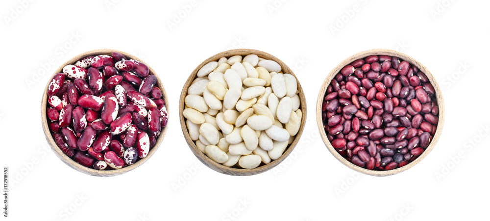 Set of different beans pods on a white background.