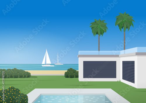 Luxury villa with swimming pool. Regatta. Retro poster style. Vector illustration.