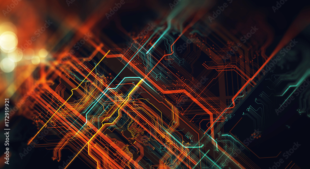 Printed circuit board in the server  executes the data/Abstract technological background made of different element printed circuit board and flares. Depth of field effect. 3d Render