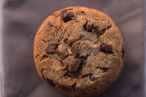 closeup isolated chocolate chips cookie on brown background