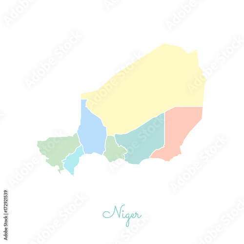Niger region map: colorful with white outline. Detailed map of Niger regions. Vector illustration.