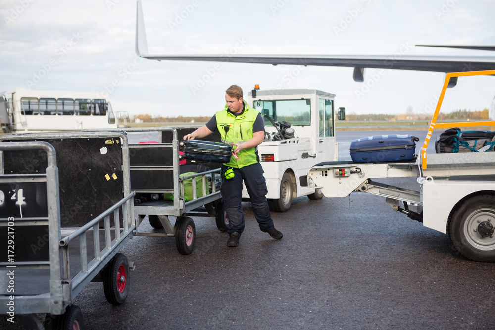 Male Worker Placing Luggage In Trailer On Runway Male Worker Placing Luggage In Trailer On Runway