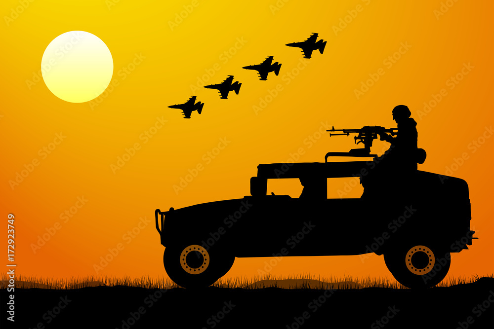 Fototapeta premium Military operation at sunset silhouette. Attack of the invasion, aircraft fighter, tank, jeep, soldier