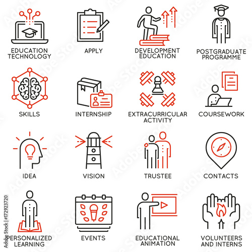 Vector set outline icons related to educational process, career progress, training,  tutorship and professional consulting service. Mono line pictograms and infographics design elements - 2