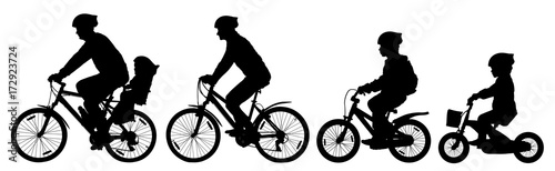 Fototapeta Naklejka Na Ścianę i Meble -  Man woman and children boy and girl on a bicycle riding on a bike, cyclist set, silhouette vector