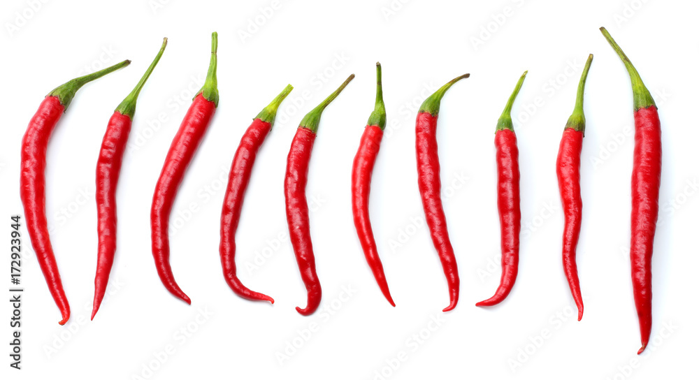 red hot chili peppers isolated on white background top view