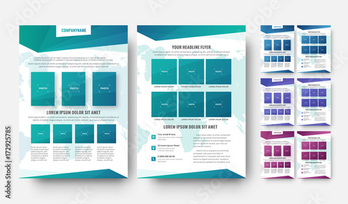 Vector flyer template with abstract elements and world map on background