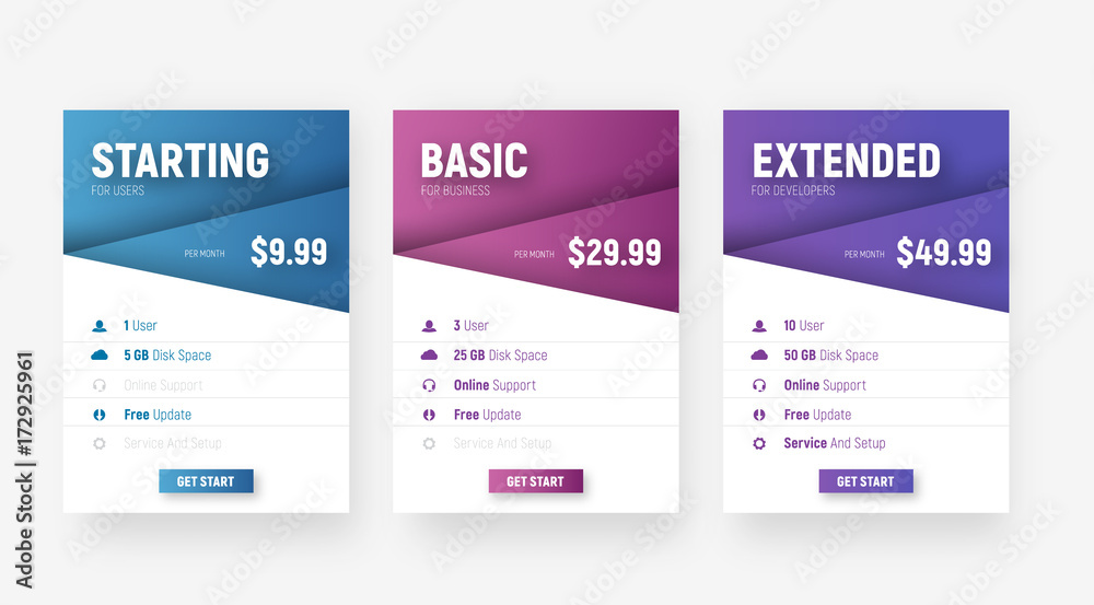 set of white web price tables with diagonal design elements with a gradient for the name of the tariff and valuable set of white web price tables with diagonal design elements with a gradient for the name of the tariff and valuable