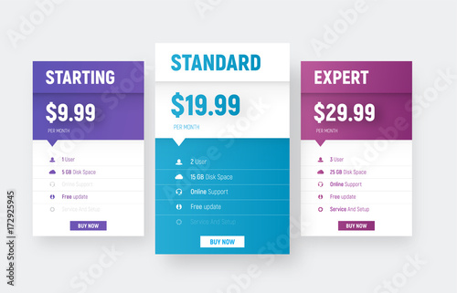 Vector web price tables template with an arrow and tariff name