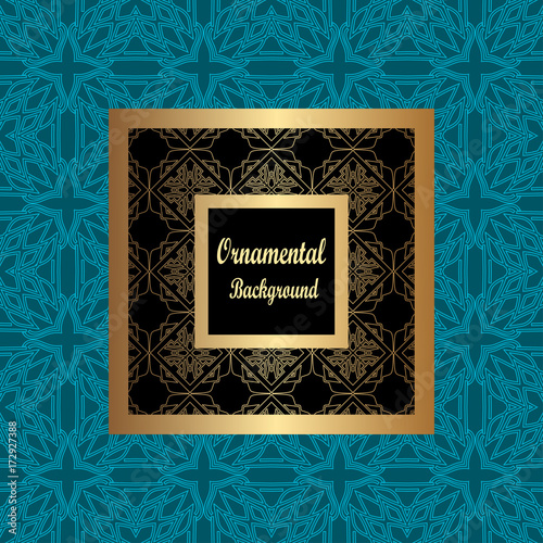 Vintage pattern on colored background with golden ornamental frame