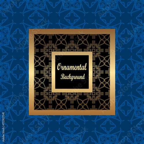Vintage pattern on colored background with golden ornamental frame