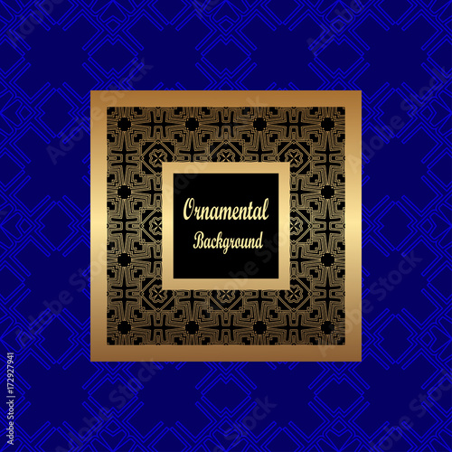 Vintage pattern on colored background with golden ornamental frame