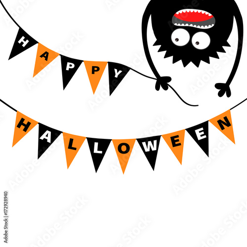 Screaming monster head silhouette. Bunting flags pack Happy Halloween letters. Flag garland. Hanging upside down. Black Funny Cute cartoon baby character. Flat design. White background.