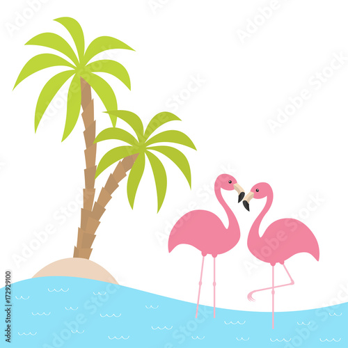 Two pink flamingo standing on one leg. Palms tree, island, ocean, see water. Exotic tropical bird. Zoo animal collection. Cute cartoon character. Love card Flat design. White background.