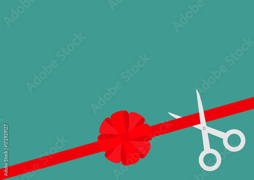 Scissors cut straight red ribbon on the right. Big round bow. Business beginnings event. Launch startup concept. Grand opening celebration sign symbol. Flat design. Green background. Isolated.