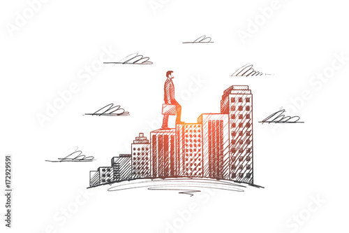 Career concept. Hand drawn man moves towards the goal. Person moves higher, symbol of ambition isolated vector illustration.