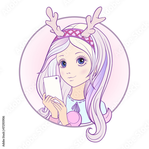 Young nice girl with long multi colored pink hear and deer's hor