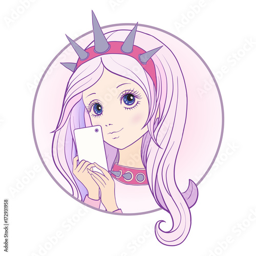 Young nice girl with long multi colored pink hear and Statue of 