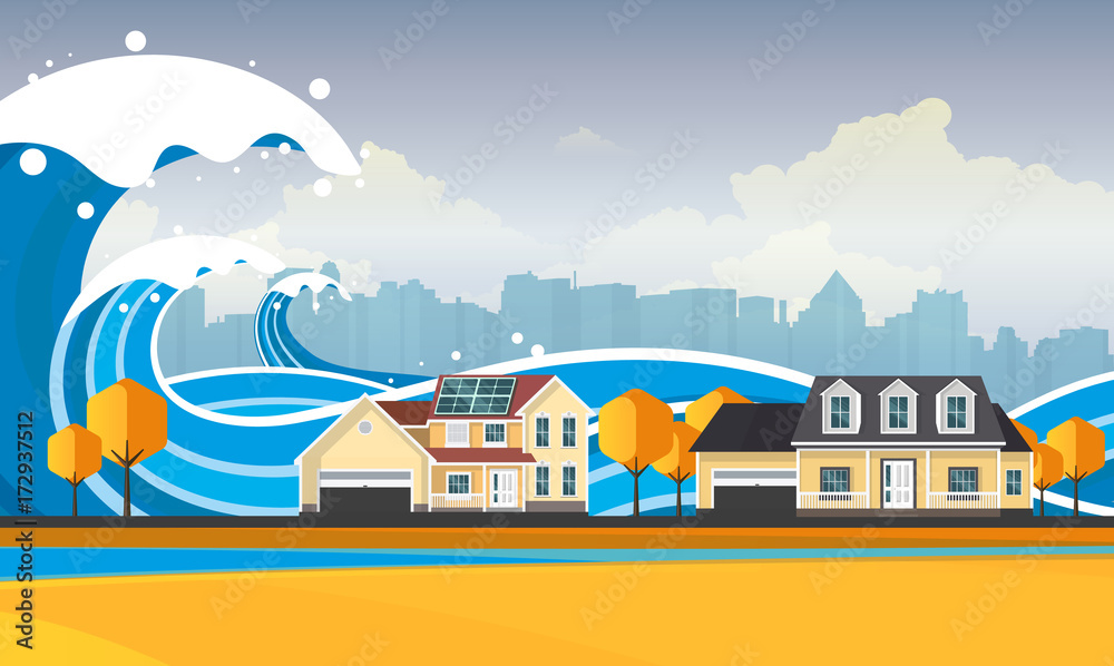 Fototapeta premium Tsunami, katastrofa powodziowa, ilustracji wektorowych. Overflooded Landscape. EPS 10