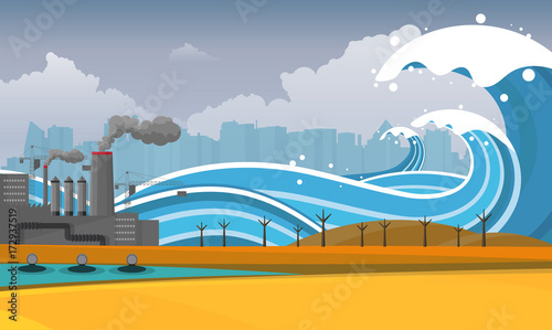 Tsunami, Flood Disaster, Vector Illustration. Overflooded Landscape. Eps 10