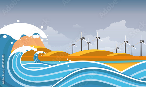 Tsunami, Flood Disaster, Vector Illustration. Overflooded Landscape. Eps 10