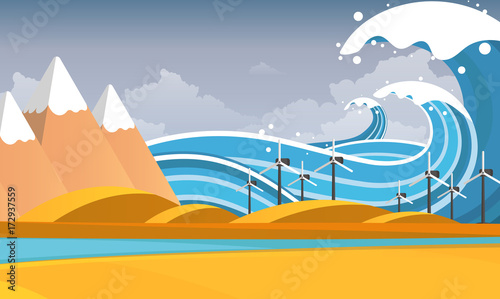 Tsunami, Flood Disaster, Vector Illustration. Overflooded Landscape. Eps 10
