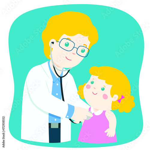 kid on medical check up with male pediatrician doctor. Vector illustration in a flat style.