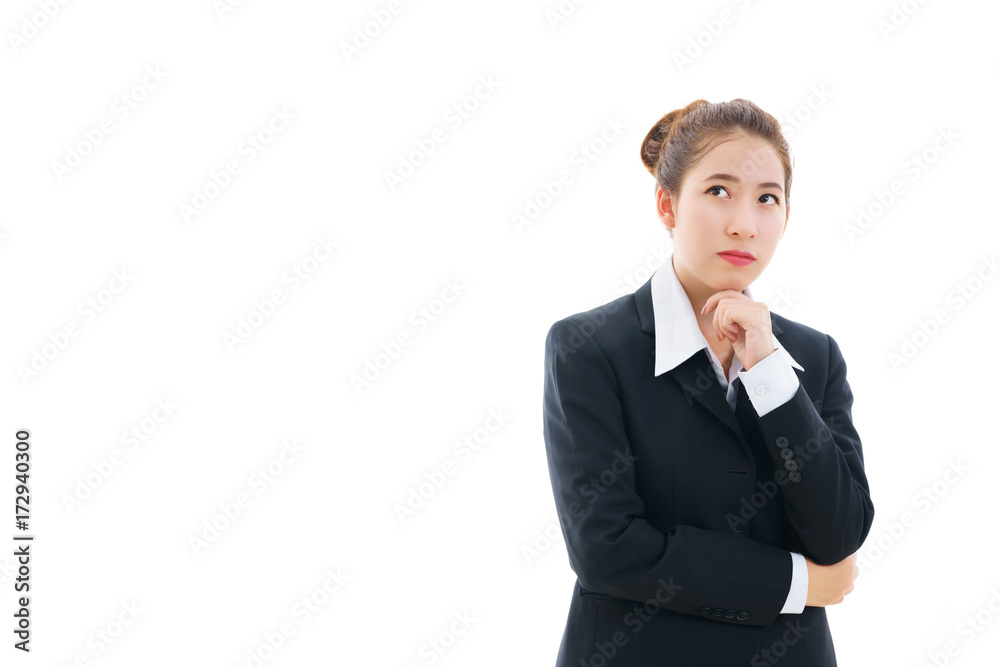 Young Asian businesswoman wearing in black suit and white t-shirt , crossing her arms and thinking isolated on white background Young Asian businesswoman wearing in black suit and white t-shirt , crossing her arms and thinking isolated on white background