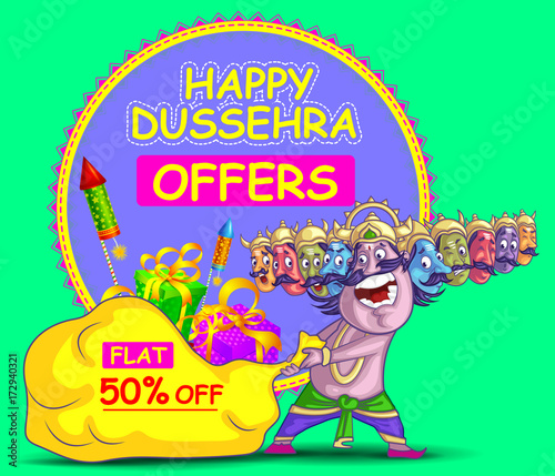 illustration of Lord Rama with bow arrow killing Ravan in Dussehra Navratri festival of India poster