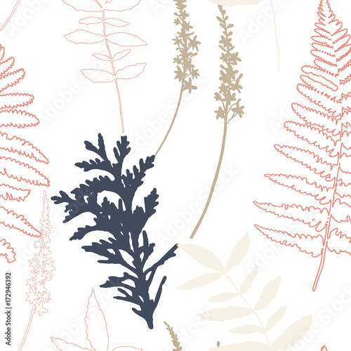 Floral vector seamless pattern with wild flowers, fern leaves and evergreen p...