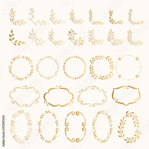 Set of hand drawn golden corners and frames. Vector. Isolated.