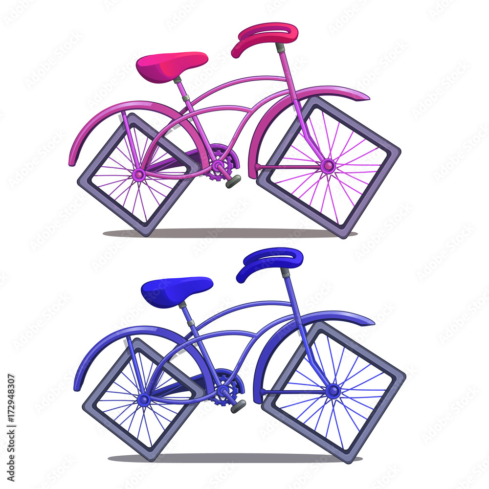 Pink And Blue Bicycle With Square Wheels Isolated On White Background