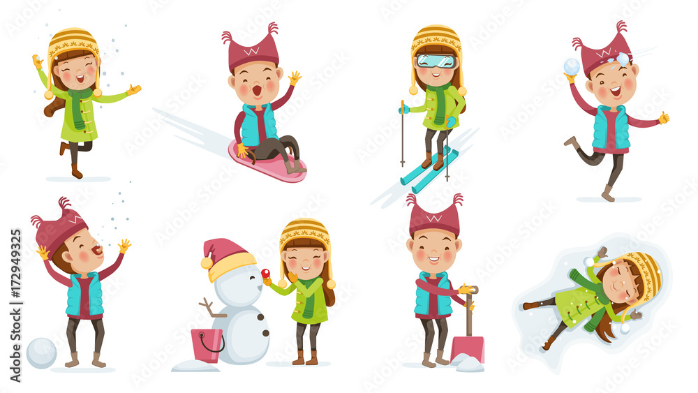 cute kids in warm clothes set. boy catches snowflakes mouth. riding on snow slides.child girl playing snowman. Little child in a clear snow. boy playing snowballs. Snow scoop. girl Catch snowflakes