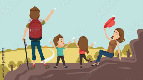 Adventure Family Hikers with backpacks.Father, mother,son,daughter at the relaxing on top of a mountain and enjoying the view of valley at sunset.Happy fun experience success together. illustration