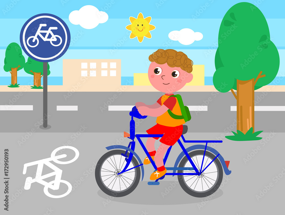 Fotografie Biker boy on bicycle lane cartoon vector