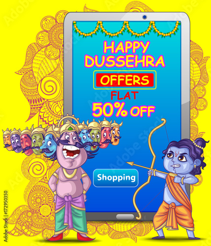 illustration of Lord Rama with bow arrow killing Ravan in Dussehra Navratri festival of India poster