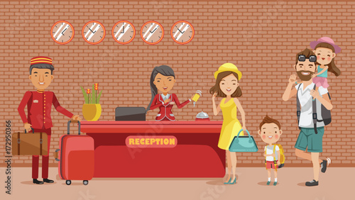 Check in Family checking in hotel at lobby.receptionist holds a key card,porter carrying luggage, Dad carrying his daughter, mother, son, Hotel stay. Happy family concept. Cartoon, illustration,vector