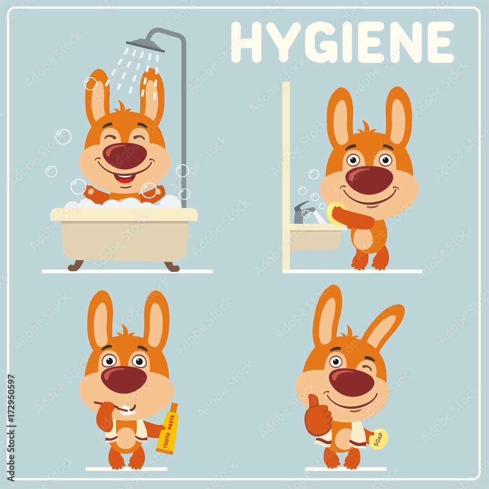 Set of funny rabbit is hygiene: showering, washing hands, brushing her teeth.  Collection isolated of bunny rabbit in cartoon style for rules of child  hygiene Stock Vector | Adobe Stock