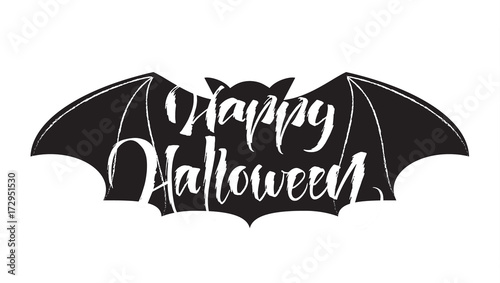 Handwritten grange lettering of Happy Halloween on bat backgrount
