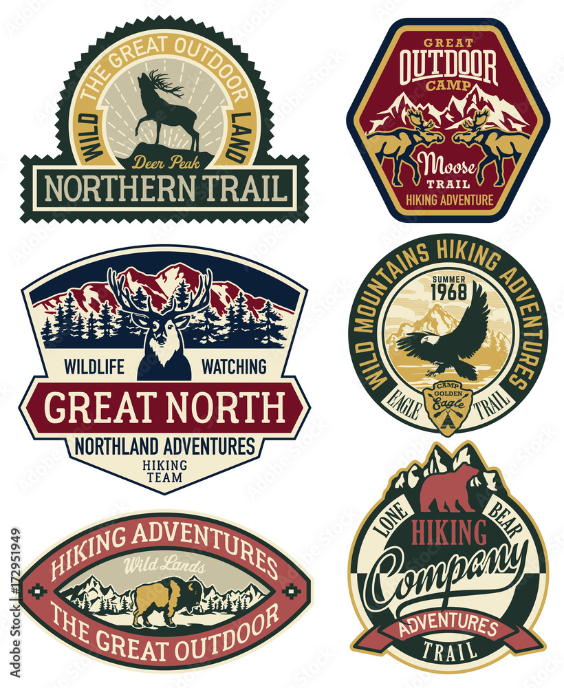 Vector set of mountain hiking and wildlife adventure badges