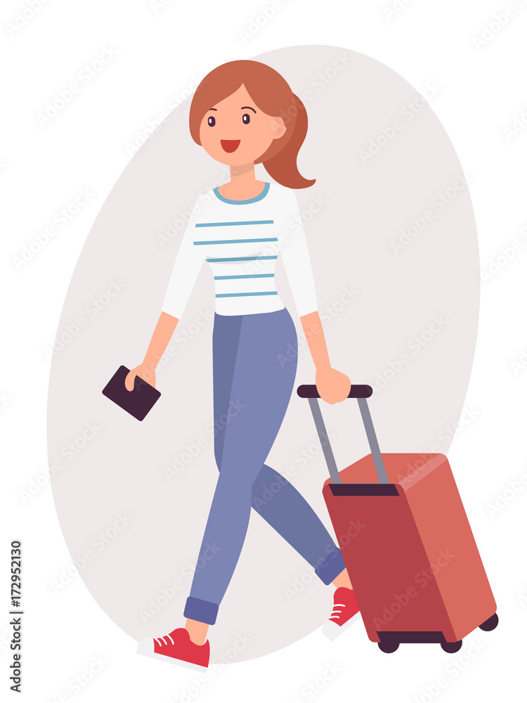 Cartoon character design female travel with luggage and passport on the way to airport Cartoon character design female travel with luggage and passport on the way to airport