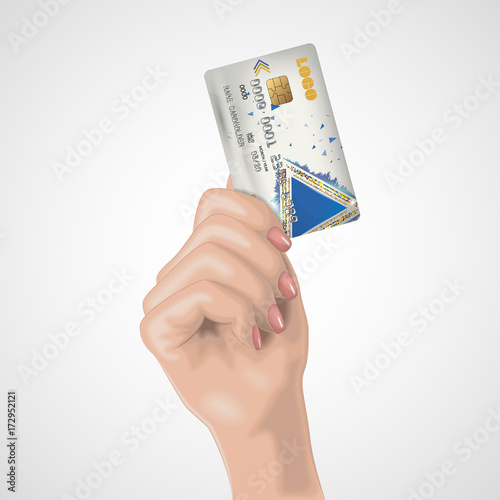 Realistic female hand holds the credit card. Vector illustration. Image for advertizing in the financial sphere and the bank sphere.